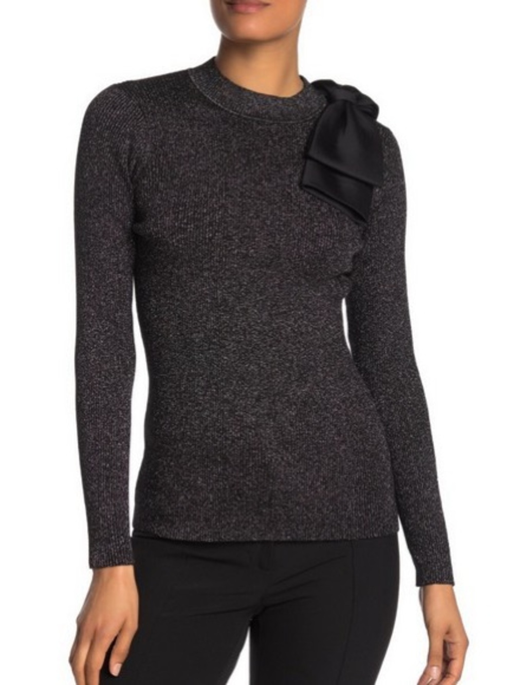 BNWOT Ted Baker Lizziia Black and Silver Metallic Bow accent Sweater size 12